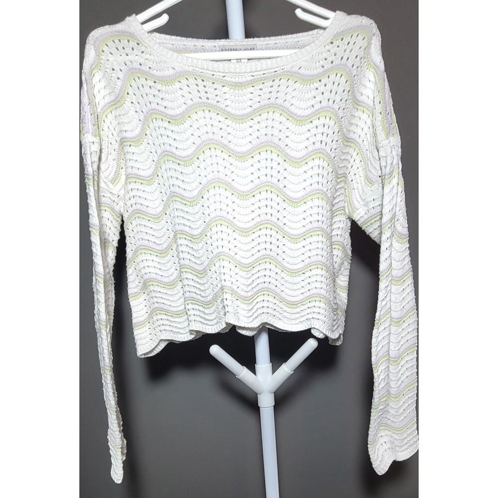 Sincerely Jules Knit Sweater Cropped Wavy Waist Easter Pastel Wavy Stripes Sz M